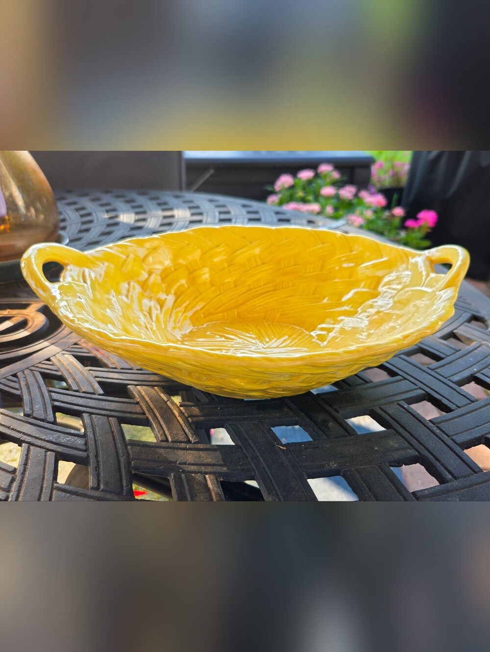 Handmade 1999 Oval Ceramic Yellow Weave Basket Bowl Centerpiece Handled 12.25" L